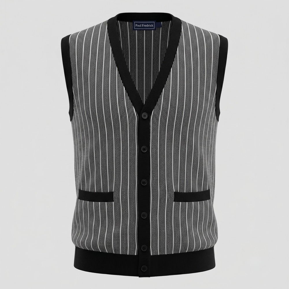 Paul Fredrick Mens XXL Black Sweater Vest Cardigan Vintage Stripe Cotton